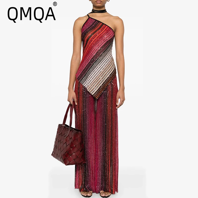 

QMQA Fashion Women's Pleated Striped 2 Piece Set Camisole Slim Top Trousers High Elastic Knit Rainbow Colors Sets 2025 New QM742