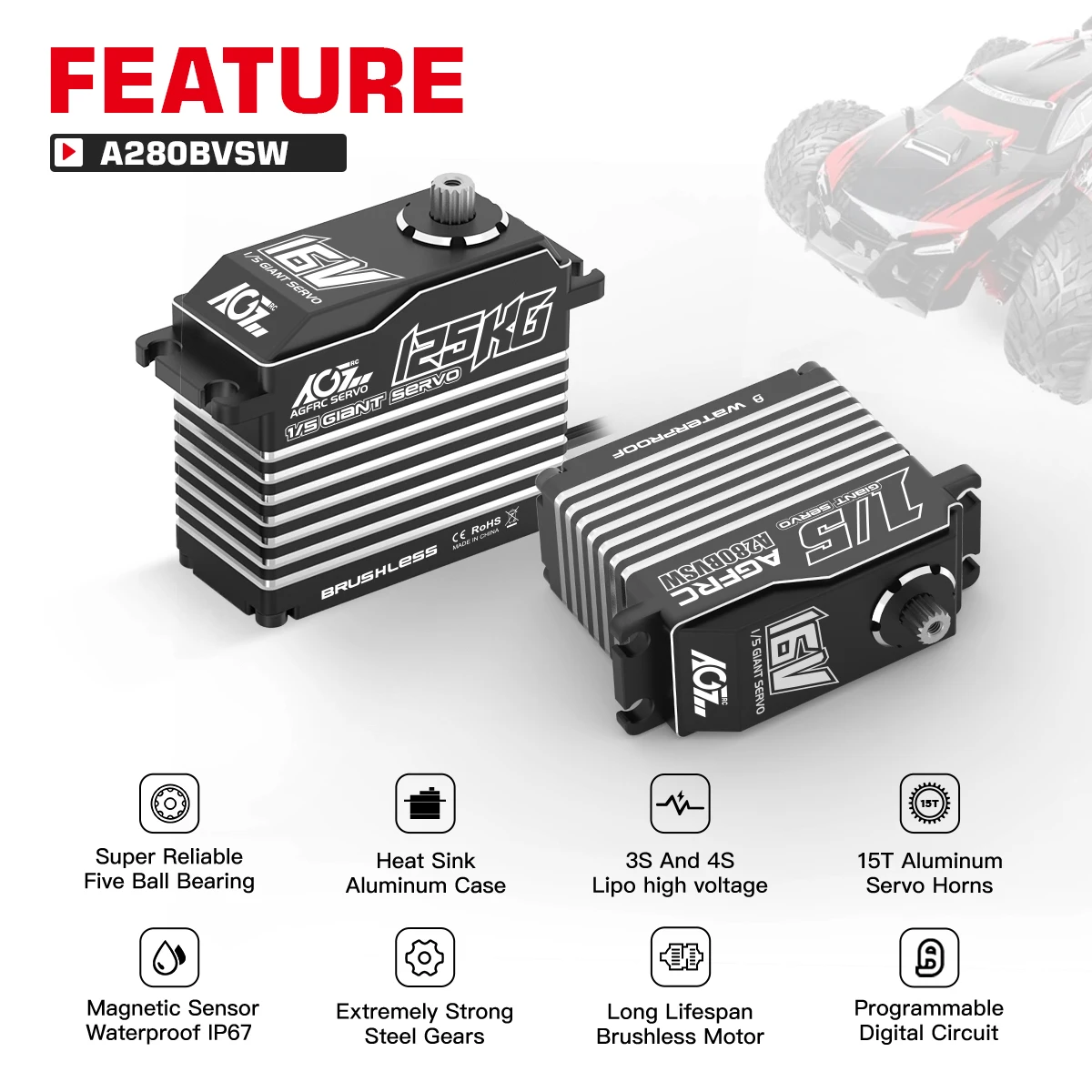 AGFRC A280BVSW 125KG 16V Super Torque 3S/4S Brushless Waterproof 1/5 Scale Giant RC Servo for Large Models Buggy Crawler Car