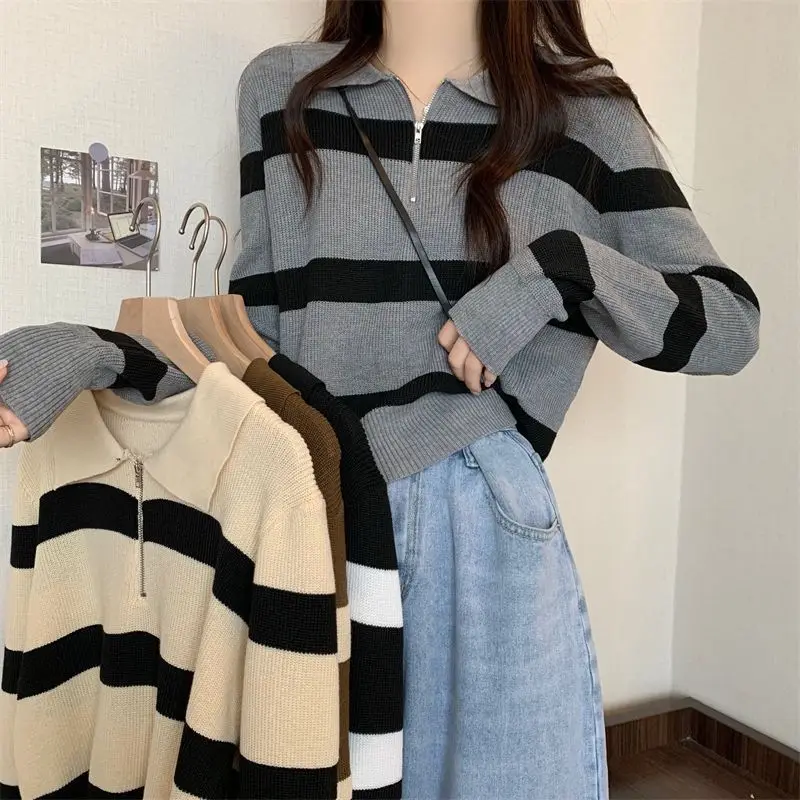 Zipper Polo Neck Stripe Loose Soft Sticky For Women In Autumn Korean Gentle And Lazy Style Lantern Sleeve Knit Sweater Trend