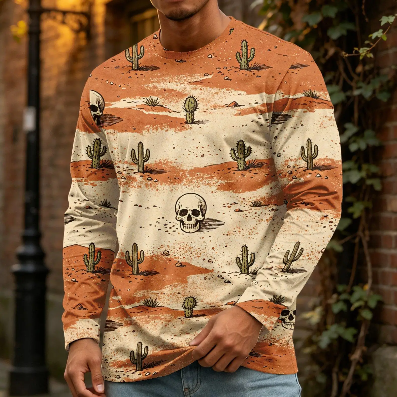 Men Vintage Halloween All Over Print Long Sleeve Shirts Gothic Skull Ghost Pumpkin Octopus Cactus Crew Neck Casual Party Tees