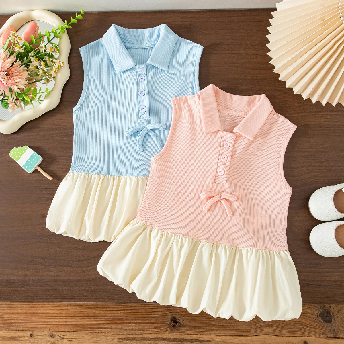 Baby Girl Polo Dress Pink Bow Ruffle Hem Sleeveless Dress Preppy Summer Outfit for 0-2Y Kids Kindergarten Wear