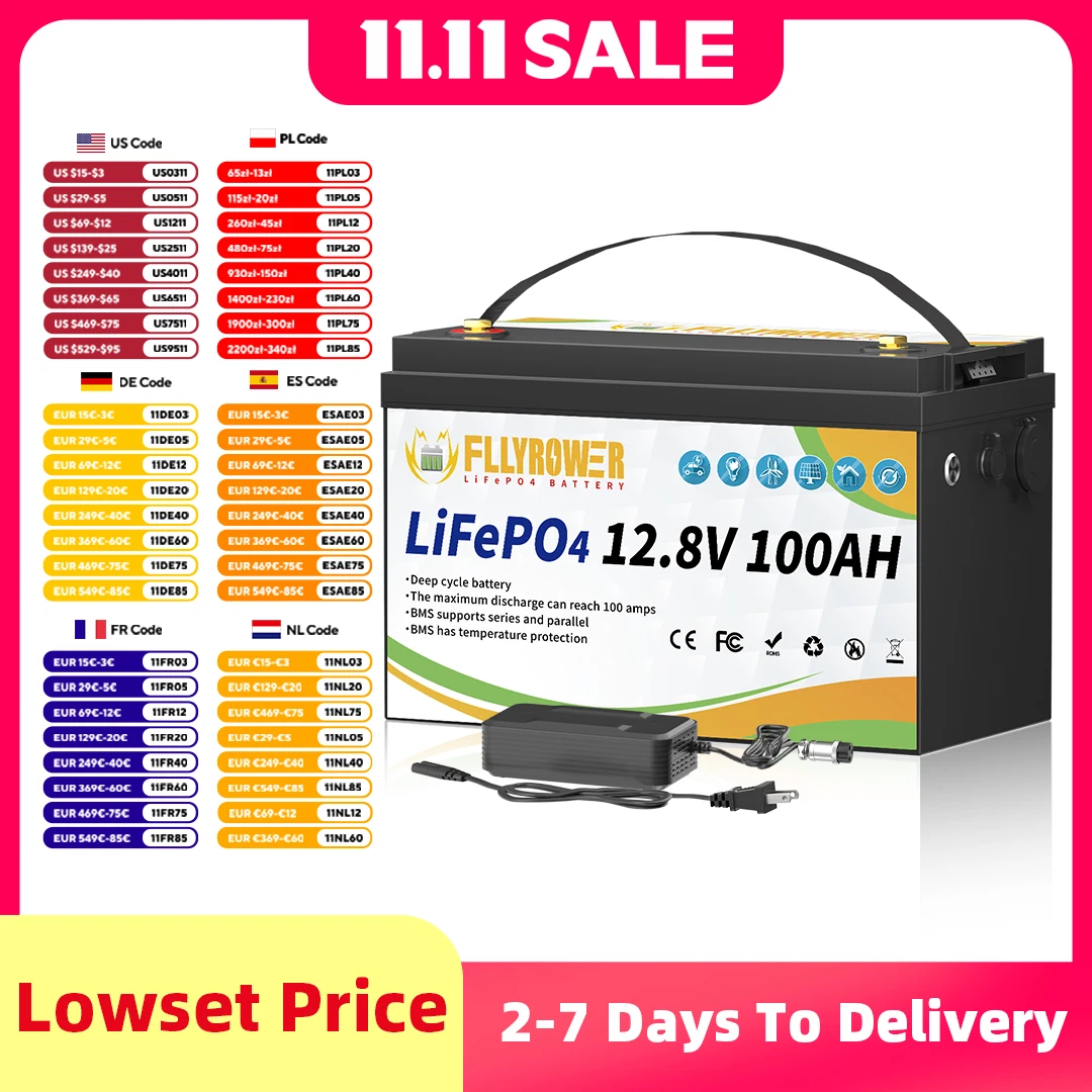 FLLYROWER 12V 100Ah LiFePO4 Lithium Battery Pack BMS100A For Inverter Solar Off-Road Off-grid Solar Energy 8000+ Cycles Battery