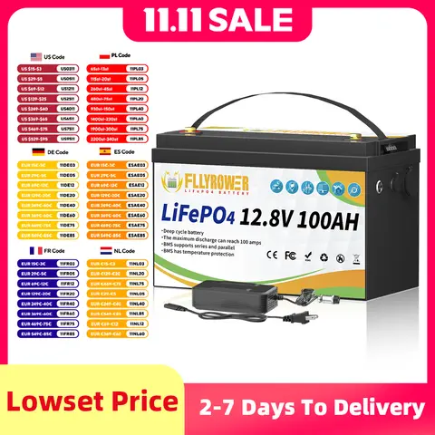 FLLYROWER 12V 100Ah LiFePO4 Batteria al litio BMS100A per inverter solare fuoristrada Off-grid Energia solare 8000+ Cicli Batteria
