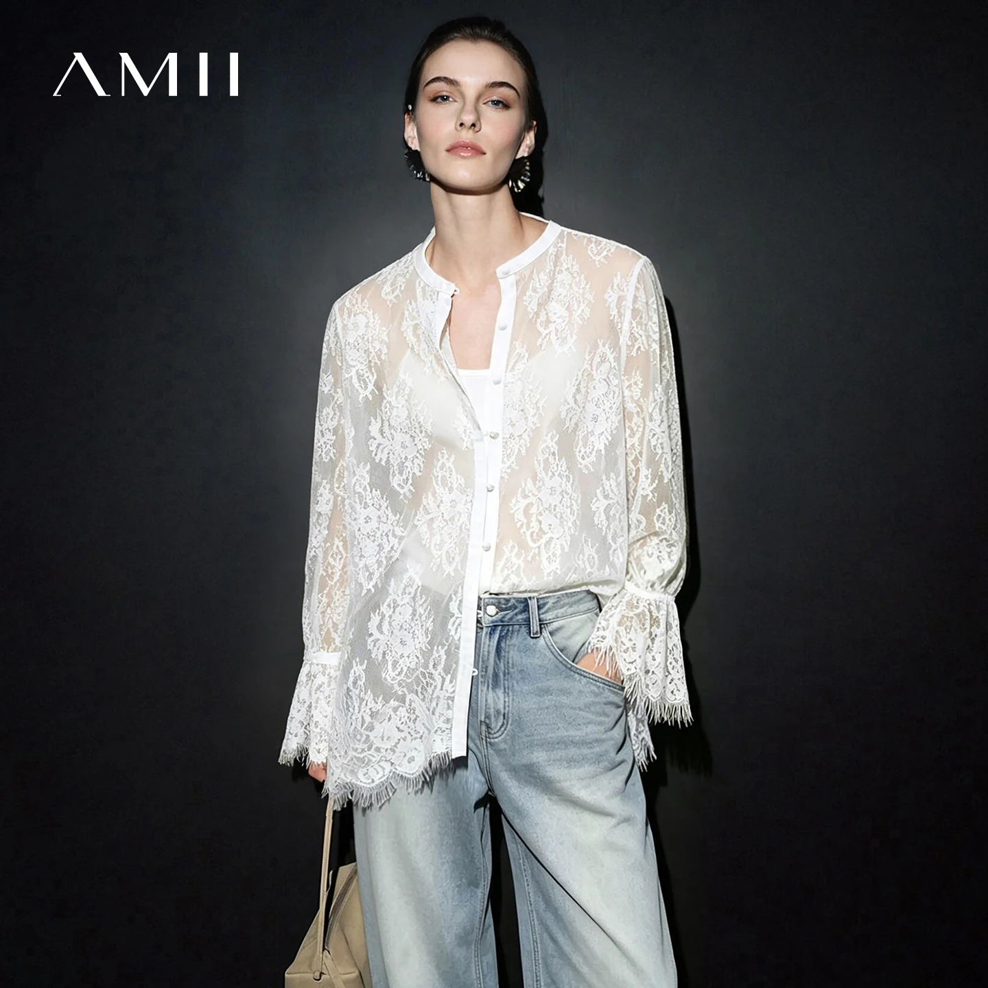 Amii Lace Women's Blouse 2026 Autumn Crew Neck Sheer Long Sleeve Tops For Woman Lightweight Breathable Vacation Shirt 12643002