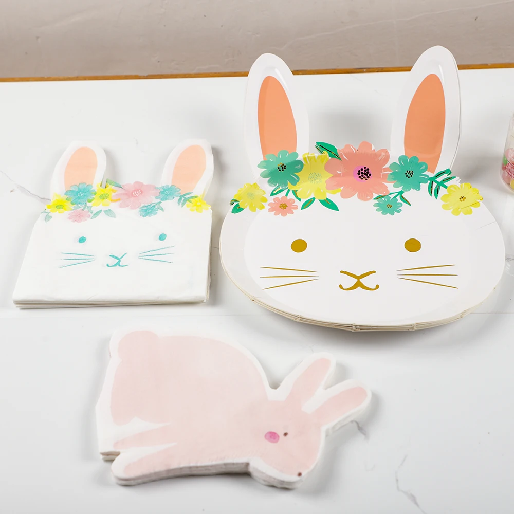 Cute Bunny Rabbit Gilding Disposable Paper Plates Napkins Tableware for Baby Shower Birthday Happy Easter Party Decoration