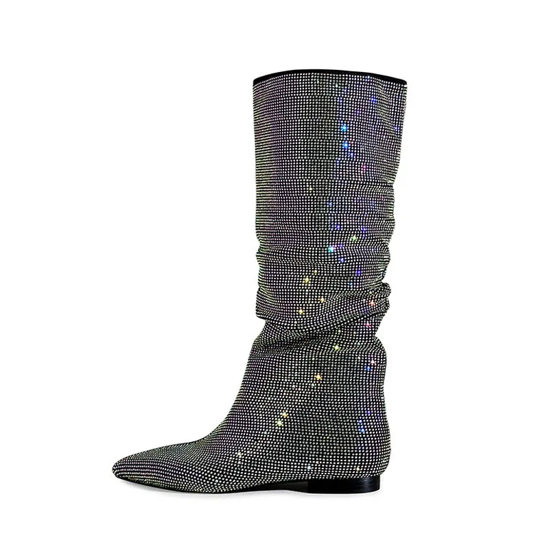 Stivali alti al ginocchio con strass piatti stivaletti antirughe a punta In pelle scamosciata lucida Slip On Winter Party Dress moda scarpe Casual