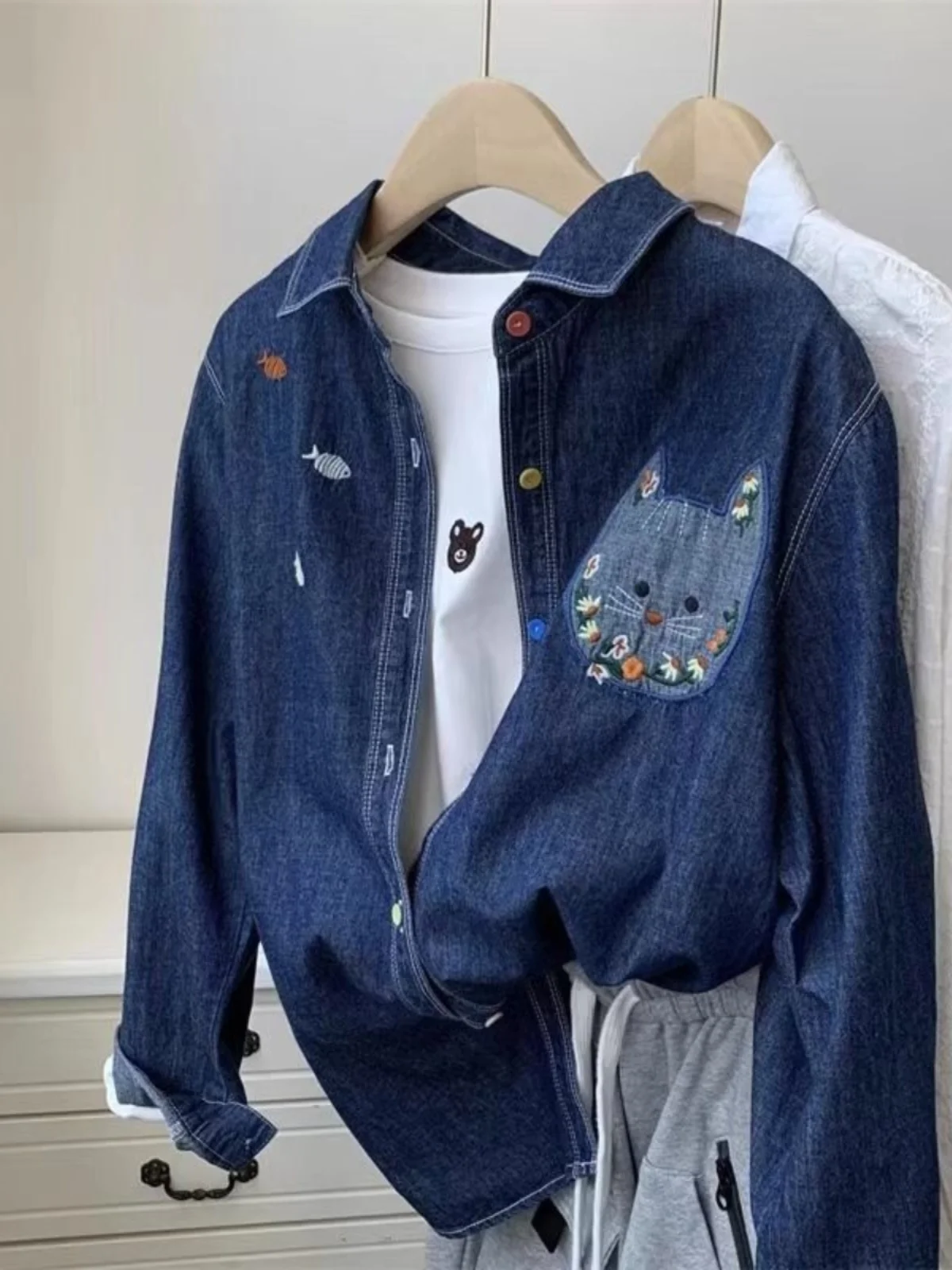 Loose Fit Men's Denim Shirt Youth Fashionable Oversized Embroidered Jacket Autumn Winter Big Size 300 Pounds American Trendy ...