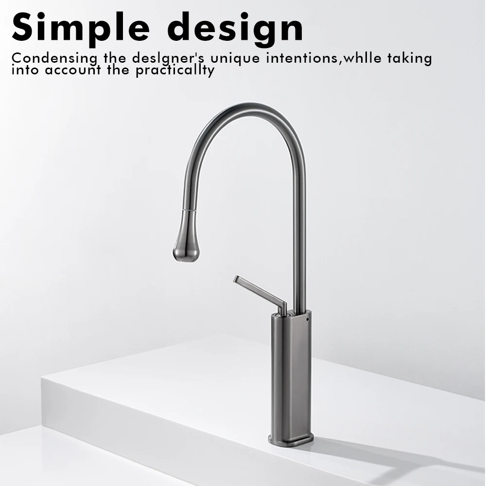 Single Handle Sink Mixer Countertop Installation Hot And Cold Water Tap Gunmetal Gray Kitchen Faucet Pull Out Water Drop Sprayer