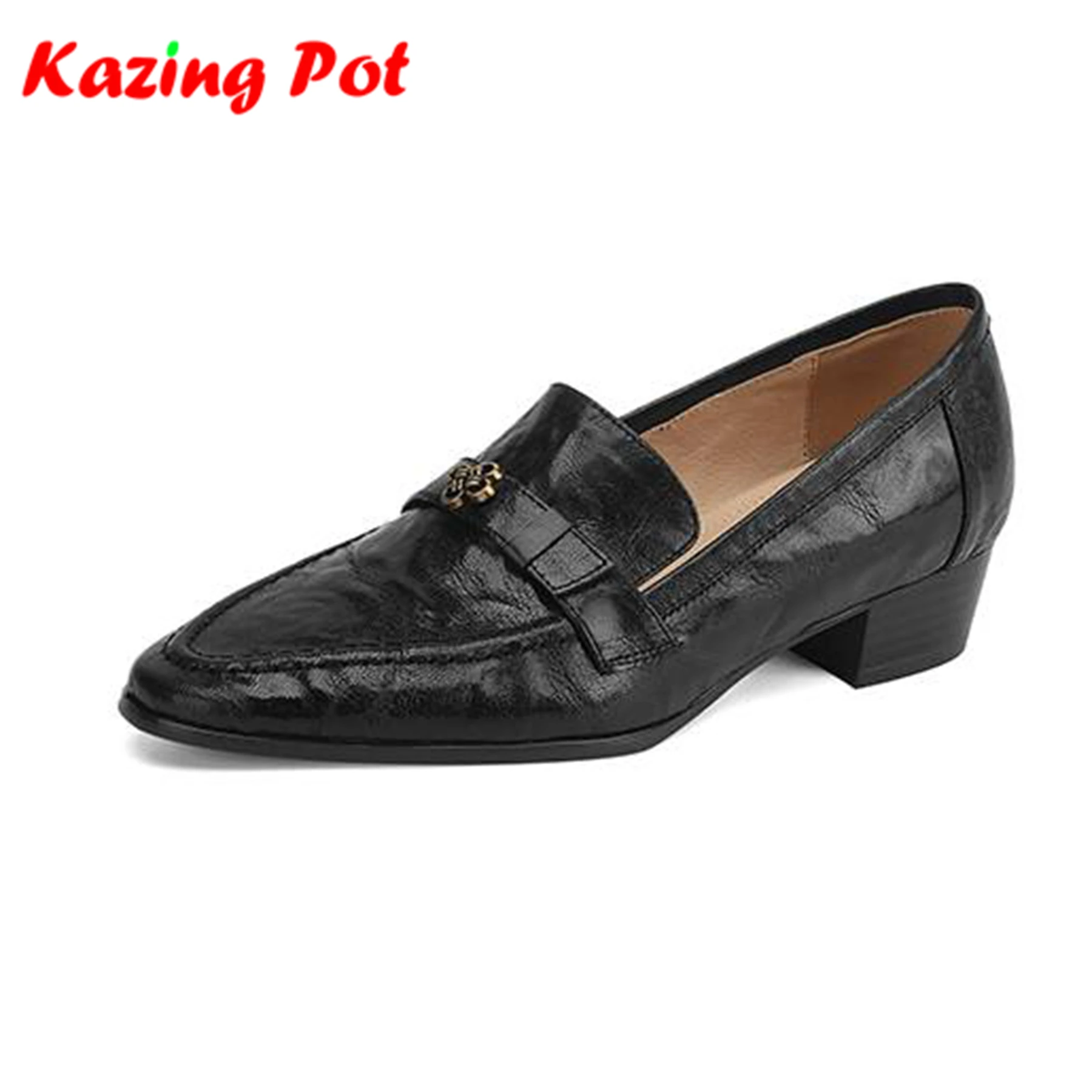 

Krazing Pot Sheep Skin Pleated Decoration Elegant Thick Low Heels Oxford Shoes Slip On Women Deep Mouth Business Casual Pumps