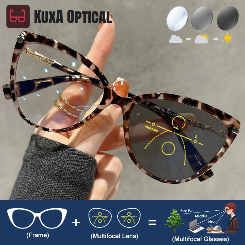 

KUXA Retro Large Frames Cat Eye Reading Eyeglasses Women Trendy Photochromic Glasses Can Be Customized Prescription Multi-focus