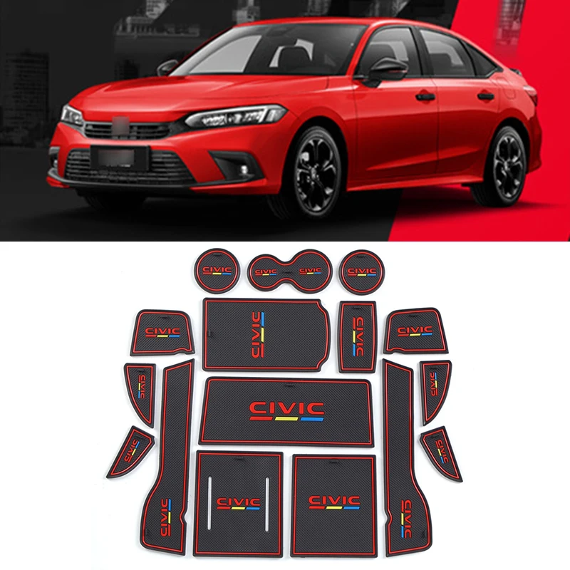 

16 pcs Car rubber anti-slip mat coaster Door Slot Mat Set For Honda 11th Civic 2022 accessories