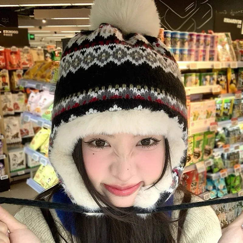 

Winter Ear Flap Hat for Women Girls Thermal Knitted Beanie Fleece Lined Windproof Winter Keep Warmers Cap Outdoor Accessories