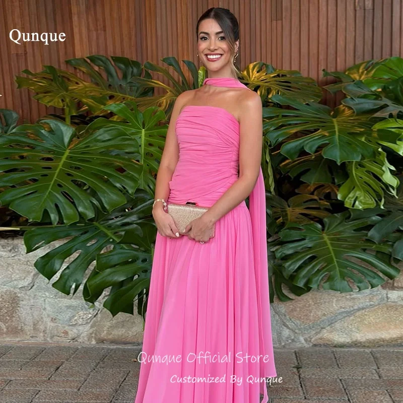 

Qunque Fuchsia Chiffon Strapless Evening Dresses Lace Up Back Prom Dresses A Line Sleeveless Ribbons Robes De Soirée Customized