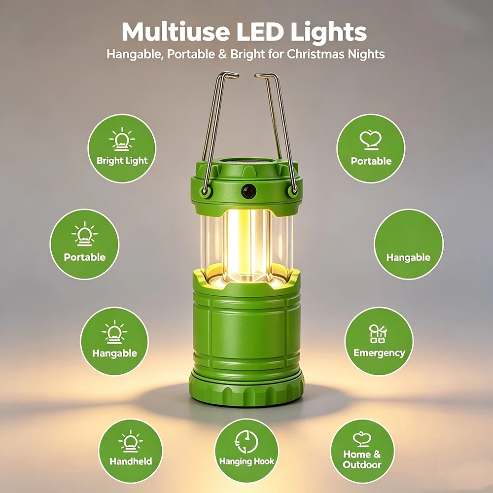 2 Pack LED Camping Lanterns Battery Powered Portable Outdoor Flashlight Emergency Home Decoration Light For Christmas