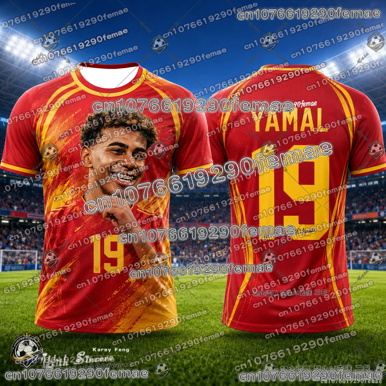Adult Spain Soccer Jersey Number 19 Figure Graphic Print Red Blue Split Fabric Motifs 2026 Athletic Emblem Fan Football Shirt