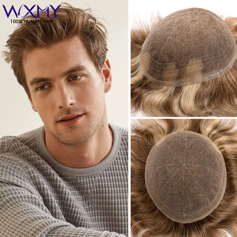 Men Toupee Full Lace Base Male Hair Prosthesis Breathable French Lace Blond Wig Hair System Natural Human Hair Wigs For Men Unit