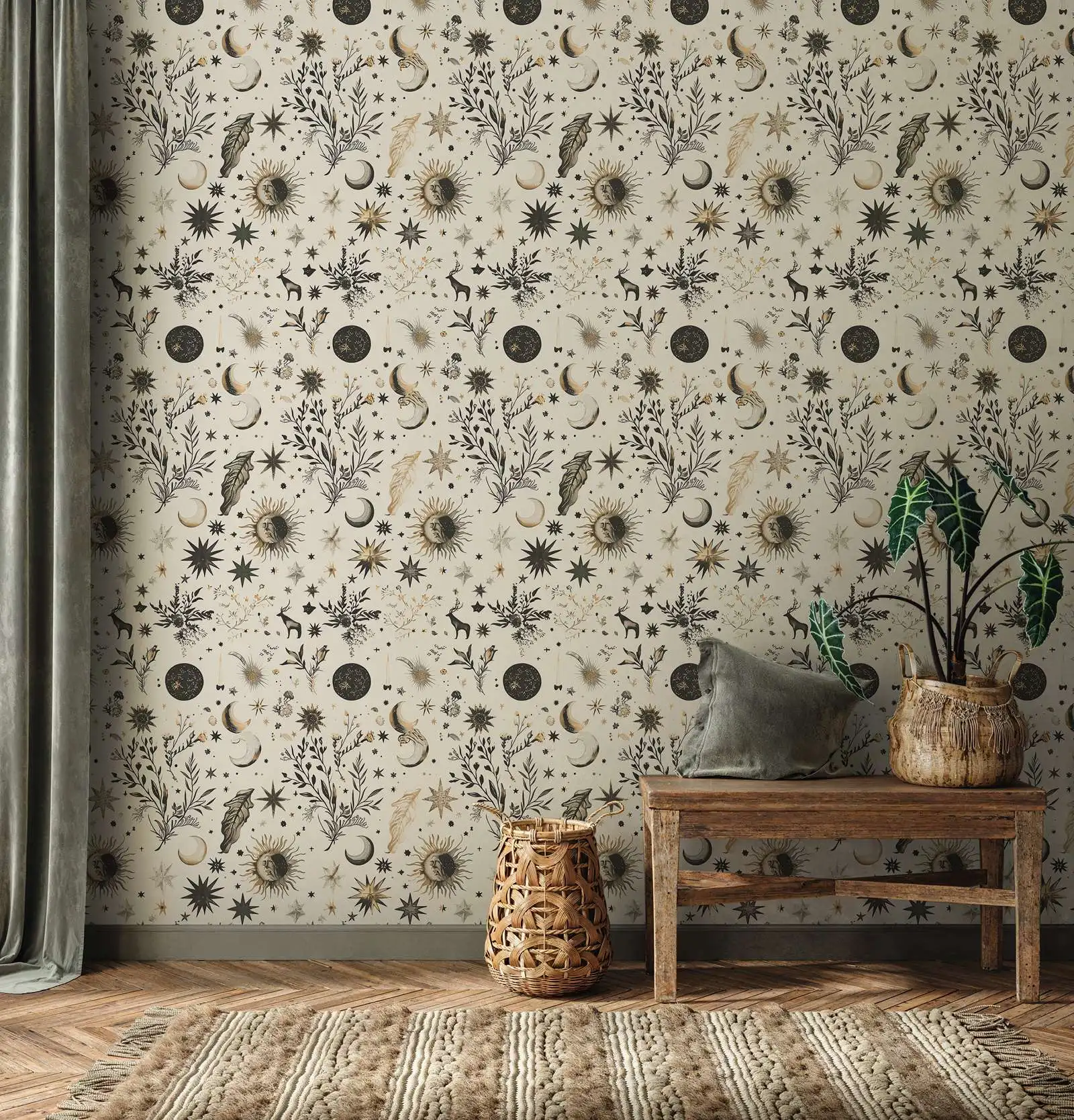 Beige Moon and Stars Wallpaper, Starry Sun and Night Peel and Stick Wallpaper, Botanical and Floral Removable Wallpaper,50*300cm