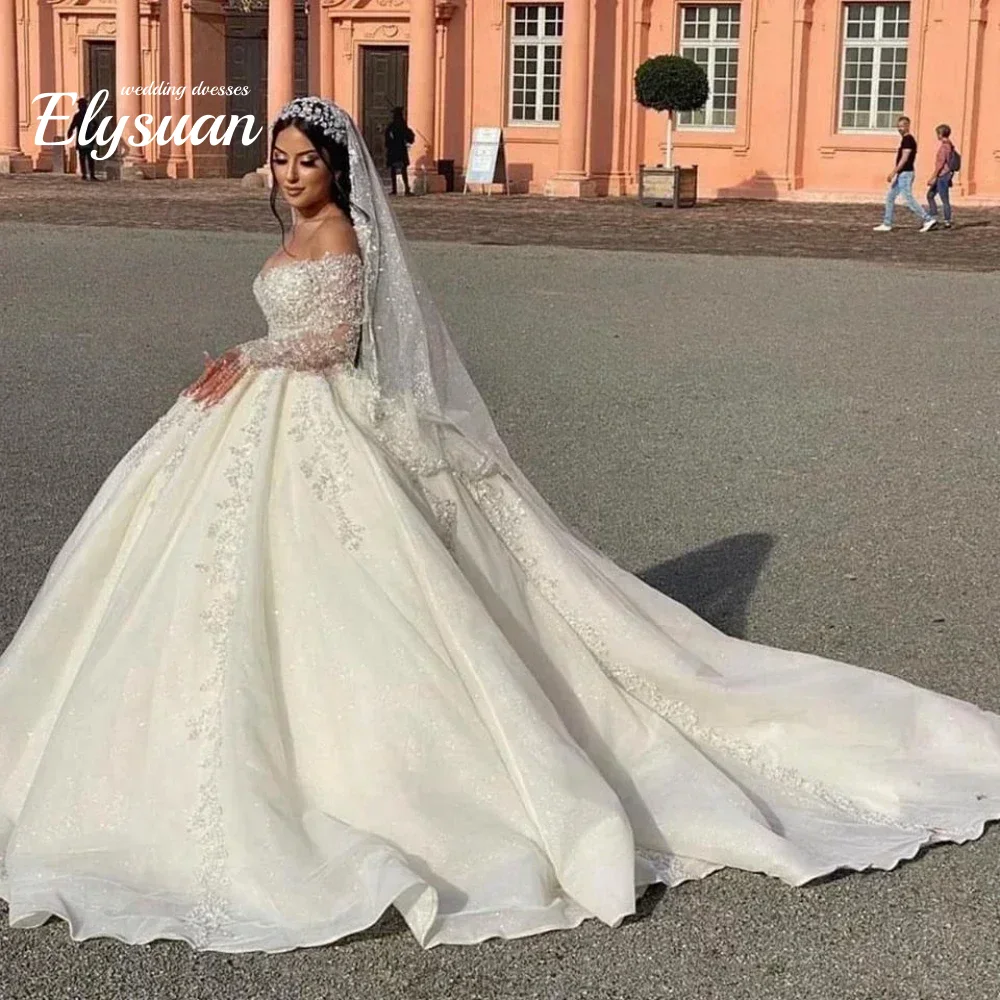 

Customized V-neck wedding Dresses Off The Shoulder Sparkly Sequins Bride Gown Ball Gown Long Robe Vestidos De Novia