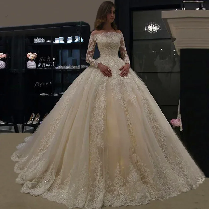 

BIAOFEI Customized Lace Applique Wedding Dresses Long Sleeve Wedding Gowns Boat Neck Beaded Bride robe de mariee 2025