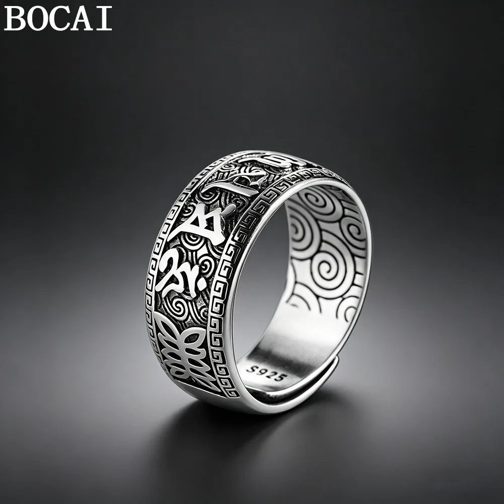 BOCAI New S925 Sterling Silver Retro Personality Buddhist Style Six Character Mantra Ring Men's Selected Gift