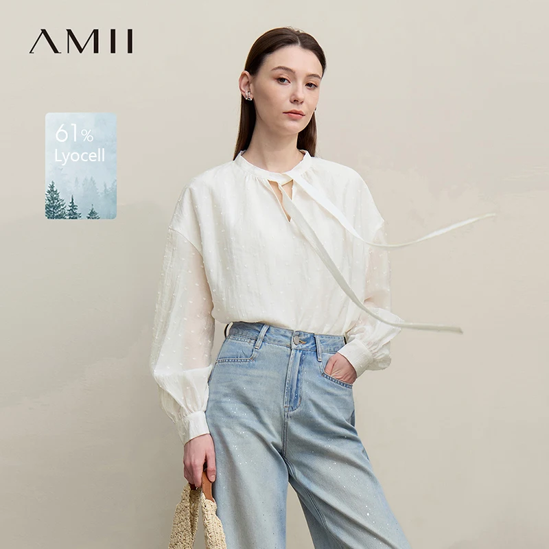 

Amii Women's Shirt 2026 Spring New Polka Dot Chiffon Shirt Multi-Way Ribbon Women's Loose Drop Shoulder Casual Tops 12641098
