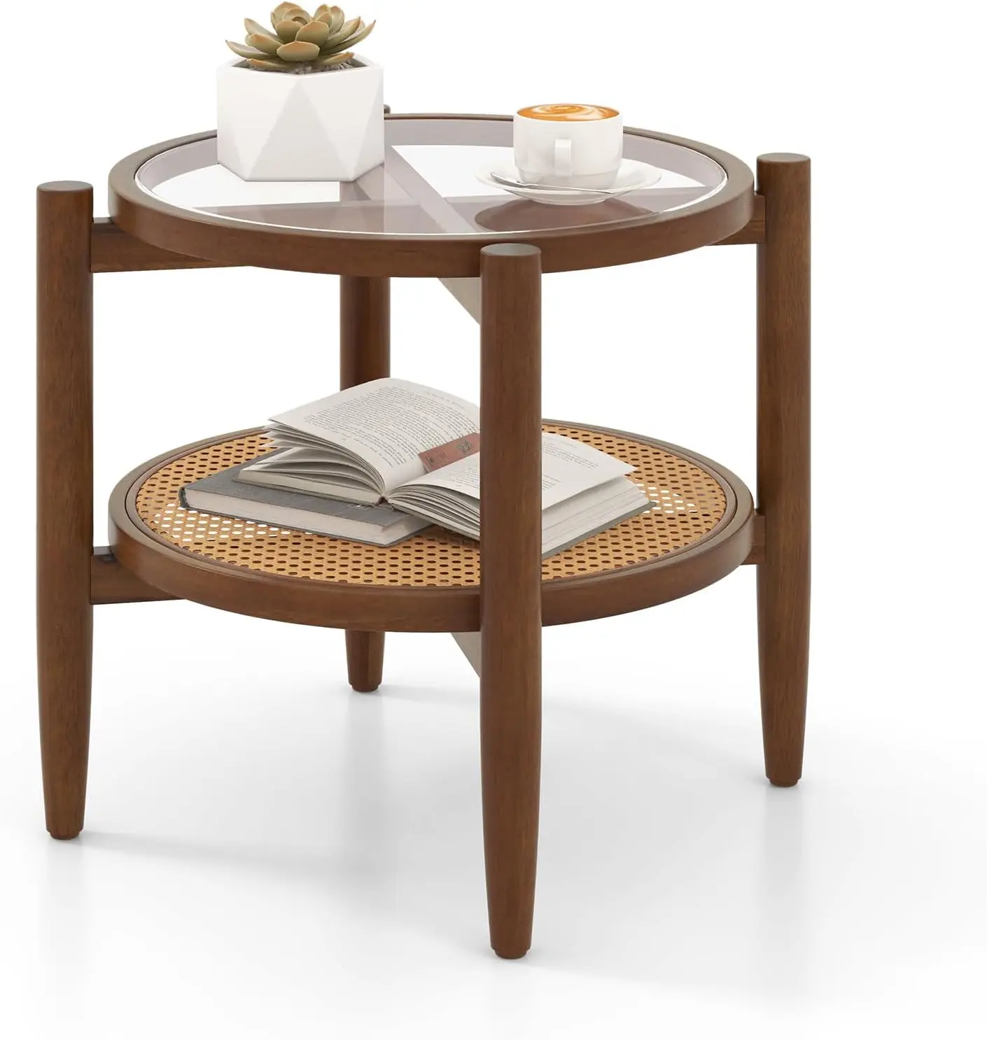 Rattan Round End Table, Walnut Boho Nightstand with Tempered Glass Top and Acacia Wood Legs, 2-Tier Side Table with Storage,