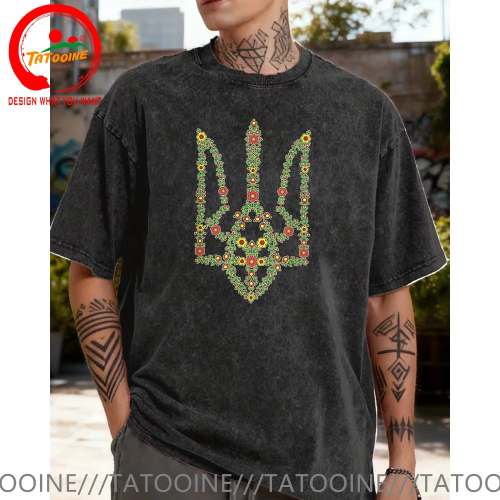 Ukraine Emblem Printed T-shirt Men Casual Tops Tee Ukrainian Trident Gift T Shirt Vintage Washed Cotton Oversized Tshirt Clothes