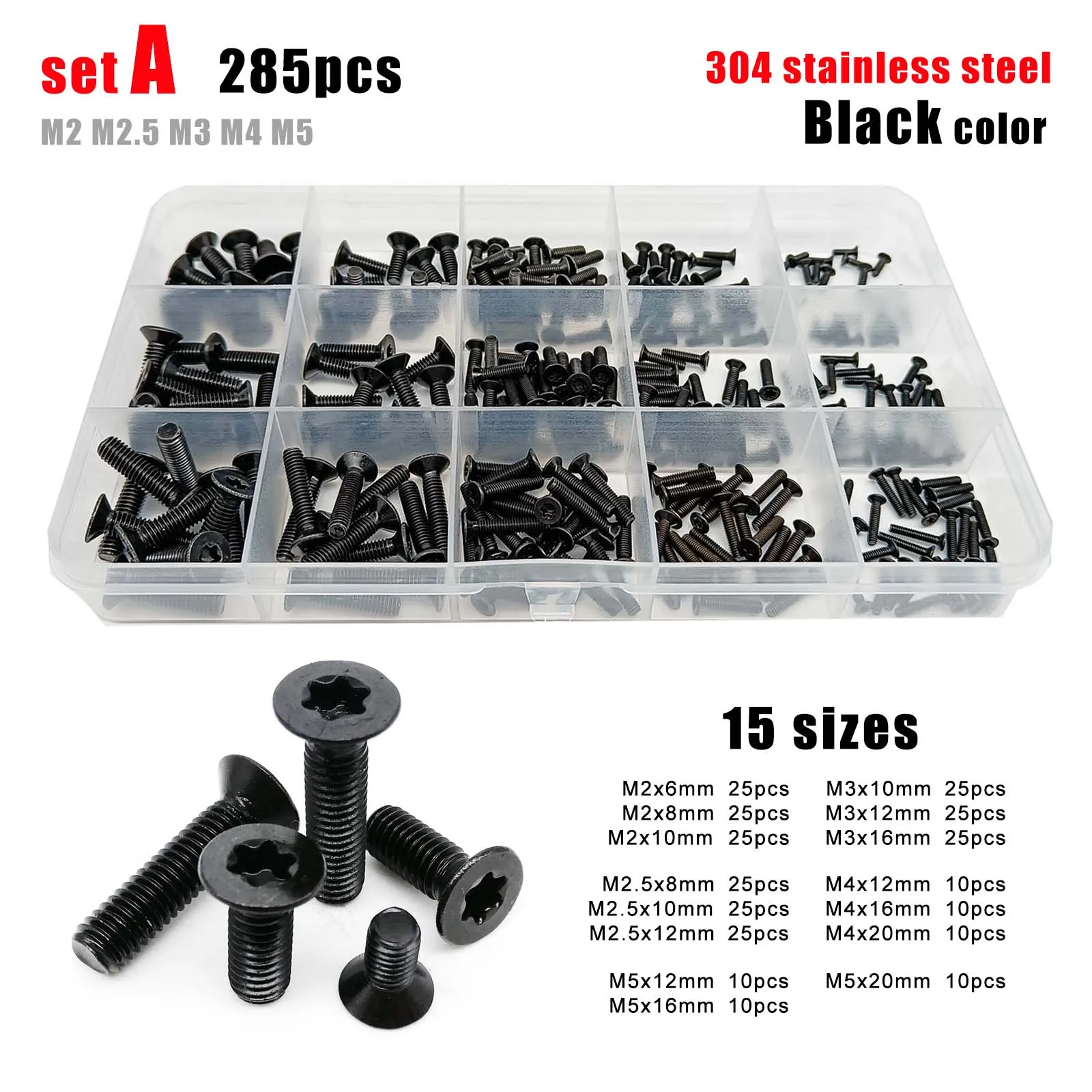 285/1020pcs Six Lobe Torx Flat Countersunk Head Screw Bolt Assortment Set Box Kit Mix M2 M2.5 M3 M4 M5 Black 304 Stainless Steel