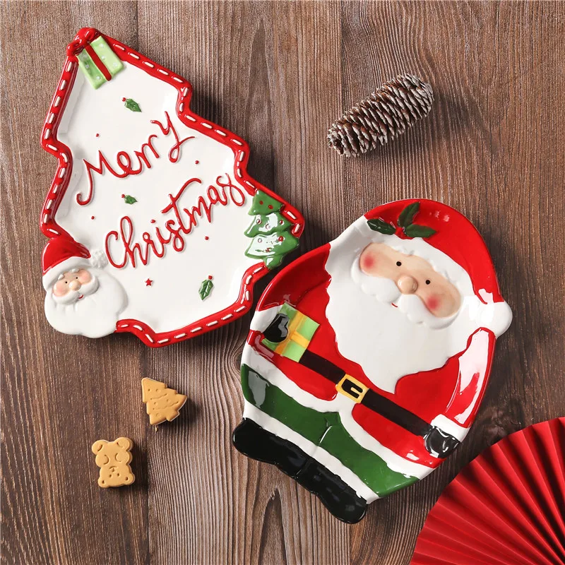 

New 3D Hand-Painted Santa Claus Pine Tree Shaped Ceramic Breakfast Dish for Desserts and Dim Sum