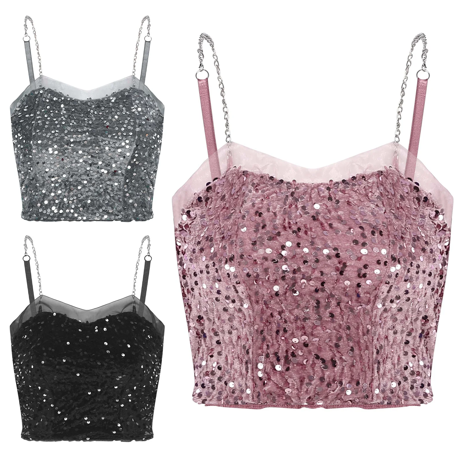 قميص قصير نسائي مثير سباركلي مطرز بالترتر المخملي سلسلة أشرطة كتف مرنة الظهر المدمج في وسادة قطع علوية قصيرة تانك القمم موضة كامي #3