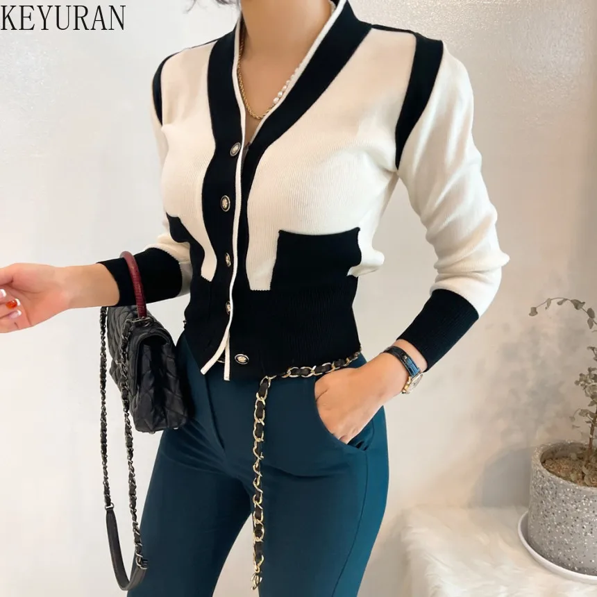 Color-blocking Button Long Sleeve Knitted Sweaters Women\'s Cropped Cardigan Korean Autumn V-neck Single-breasted Sweater Jacket