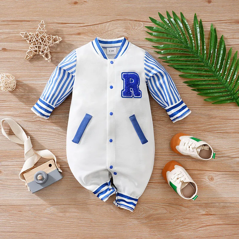 Newborn Baby Baseball Clothes 0-12 Months blue stripe Boston Long Sleeve Footies Toddler Boy Clothes Kids Jumpsuit Pyjama Bebe