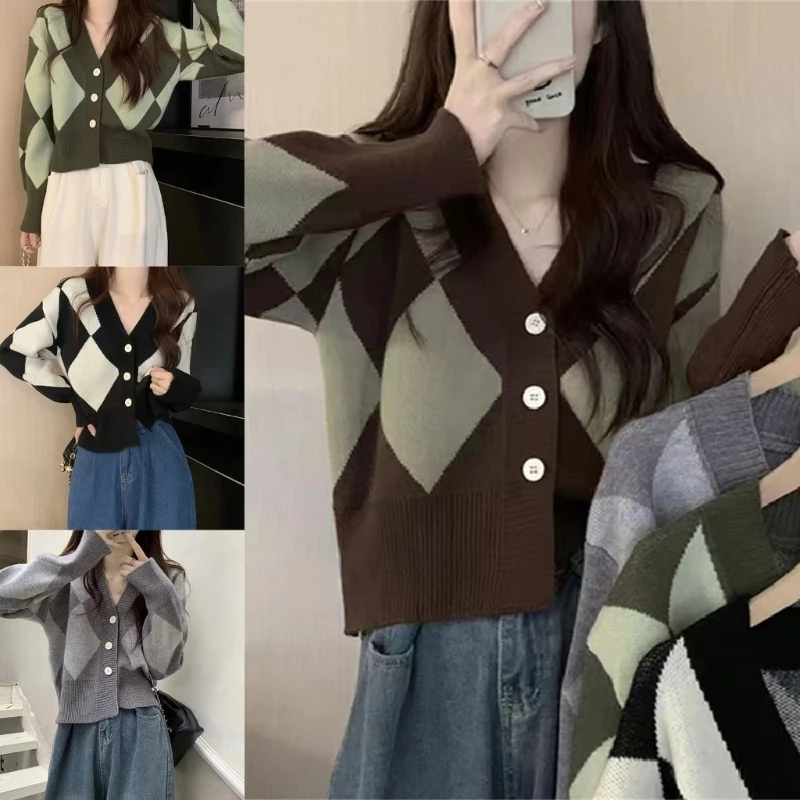 Sweter Kancing Depan Terbuka Rajutan Lengan Panjang Kasual Wanita Mantel Kardigan Sweter Longgar Kotak-kotak Pakaian Luar