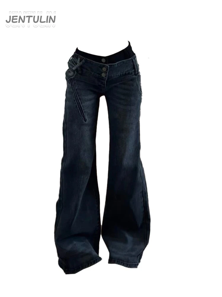 American Retro Double-layer Low Waisted Jeans Women New Style Loose and Personalized Spicy Girl Design Washed Micro Flared Pants