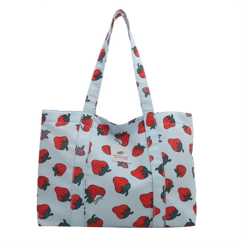 Fashion Strawberry Cherry Tote Bag Printing Korean Style Large Capacity Shopping Bag Grocery Bag Aesthetic Nylon Handbag Outdoor