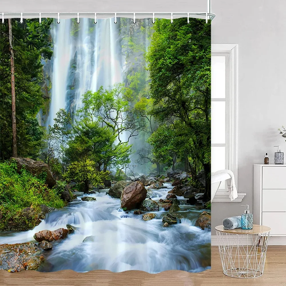 Tropical Jungle Shower Curtain Rainforest Plant Waterfall Spring Flowers Forest Nature Landscape Fabric Bathroom Curtains Decor