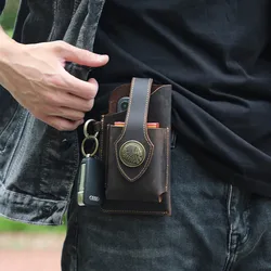 Genuine Leather Men Waist Bag Cowhide Outdoor Hook Male Mobile Phone Pouch Waist Pack Cigarette Case Belt Bag Key Hook