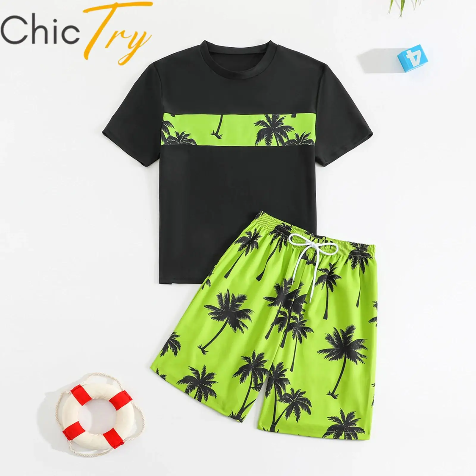

Kids Boys Two-Piece Swim Sets Coconut Tree Printed Rashguard Suits Swimsuit Short Sleeve Top with Swim Shorts Bathing Outfits
