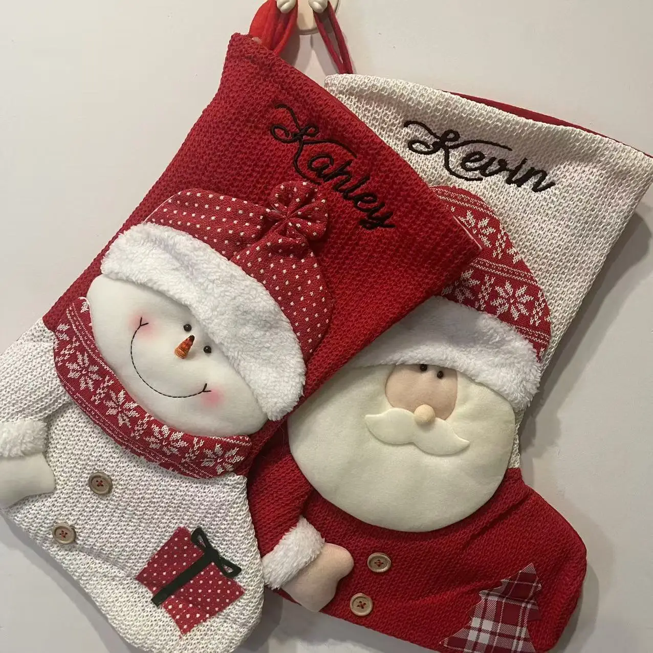 

Custom Christmas Socks With Any Name, Red White Knitted Elderly Snowman Apple Bag, Candy Bag,Children Gift Christmas Socks