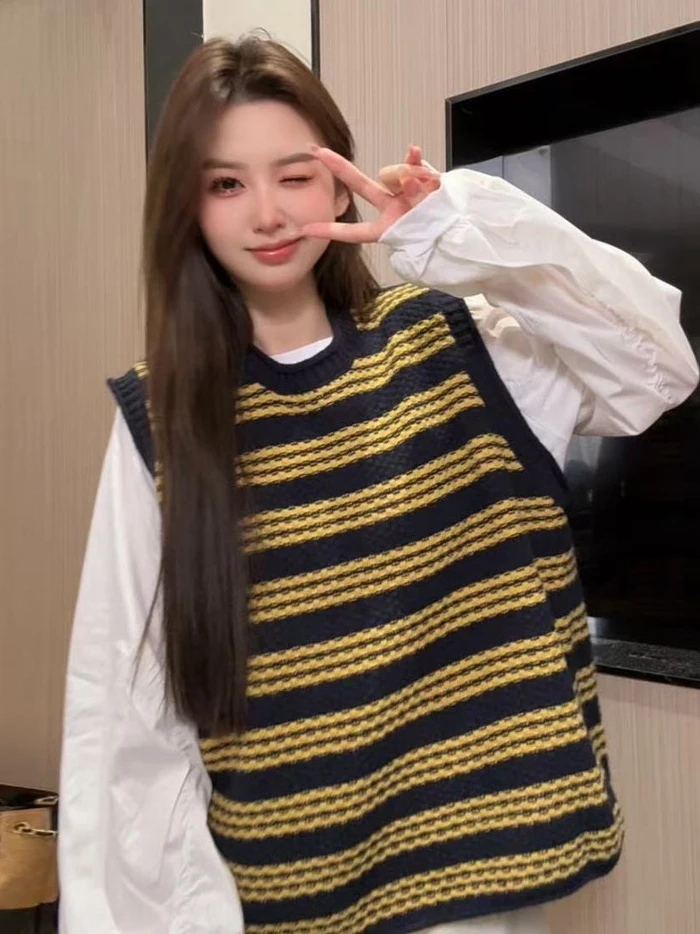 한국 슬레 소프트 스웨터 베스트 여성용 가을 겨울 이너웨어 스트라이프 니트 탑 편안하고 통기성 좋은 캐주얼