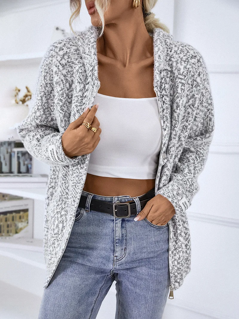 4 Colors Long Sleeves Cardigan Soft Sweater With Hooded Speckle Front Zipper Loose Knitwear Autumn Women Knitted Outstreet Coat