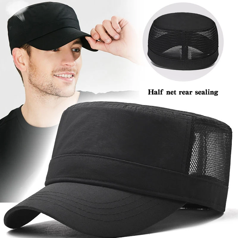 Summer Mesh Breathable Hat Men's Rear Sealed Flat Top Truck Driver Hat Sunscreen Big Head Circumference Baseball Cap