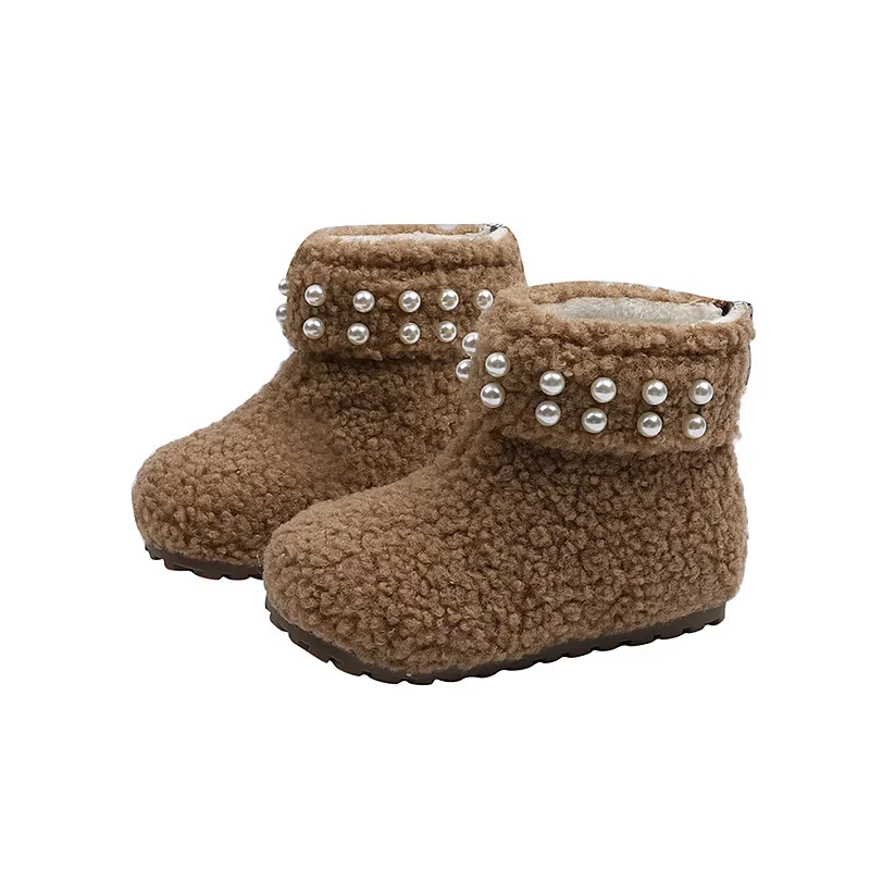 Winter Children's Boys Girls Thickened Cotton Plush Warm Boots Kids Toddler Baby Soft Walkers Fashion Pearl Snow Boots