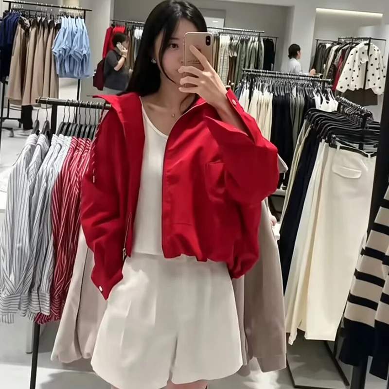Women's 2026 New Autumn Jackets Fashion Hooded Red Loose Warm Jackets & Coats Chic Street Youth Outerwear Coats Autumn