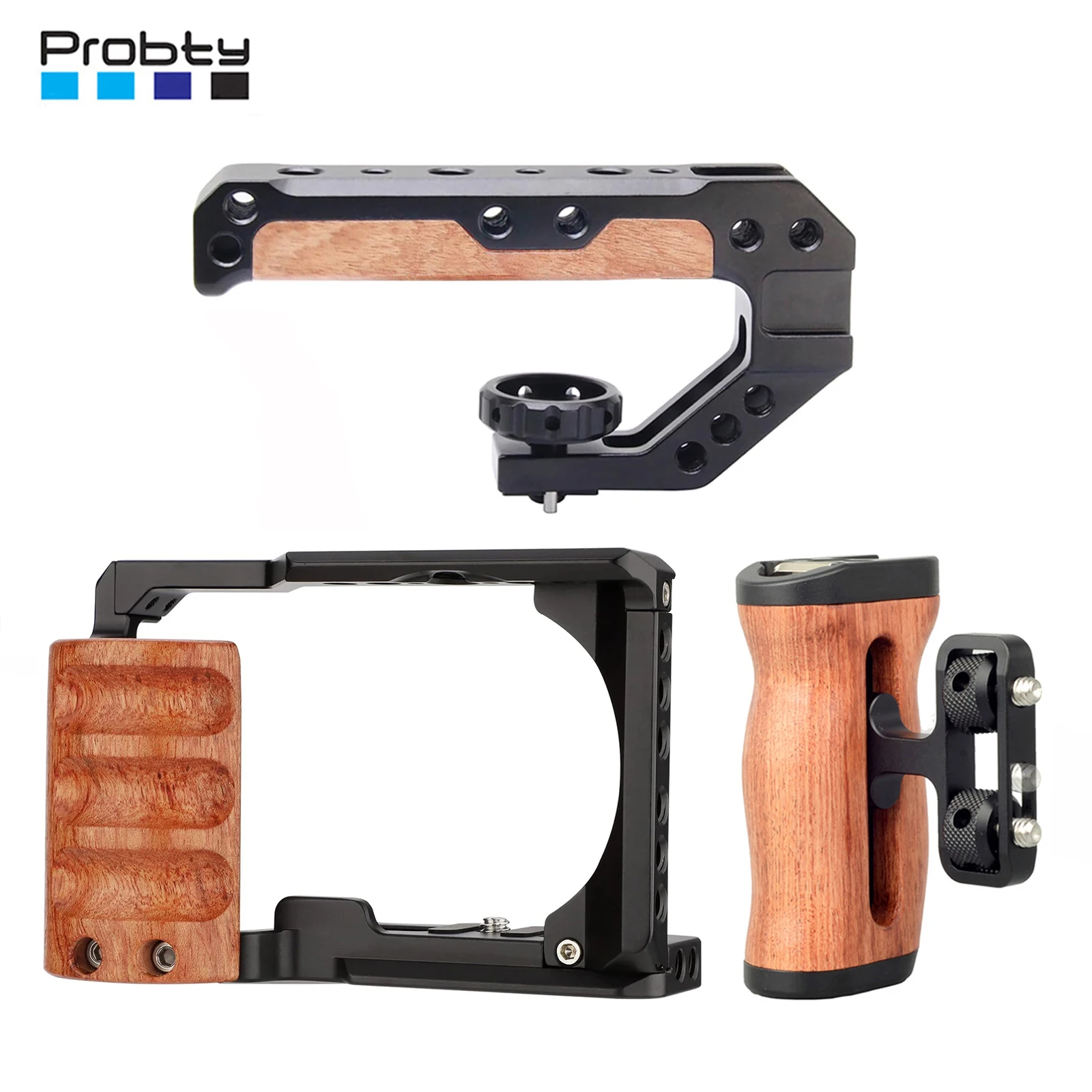 ZV-E10 Cage with Wooden Handle and Built-in Threaded Holes, Cold Shoe and Quick Release Plate for Sony ZV-E10 Camera