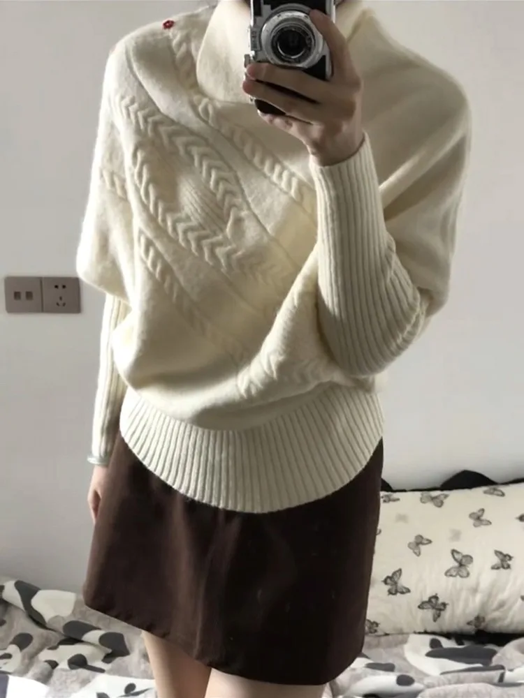 Suéter de Punto ueso de Cuello Alto Estilo Coreano para Mujer, Moda Otoño Invierno, Ajuste Hoado, Estilo Juvenil