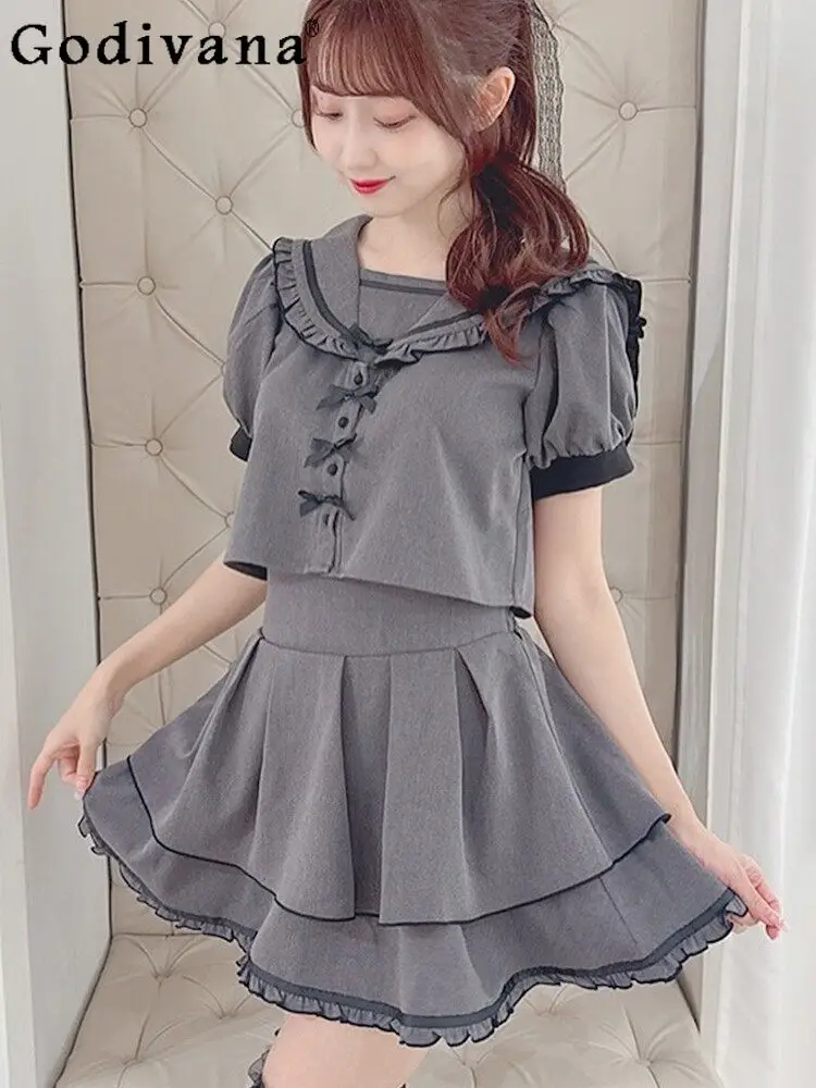 

Летний новый комплект в японском стиле для женщин: милый кавайный топ с коротким рукавом и юбка в морском стиле, 2 предмета, 2026