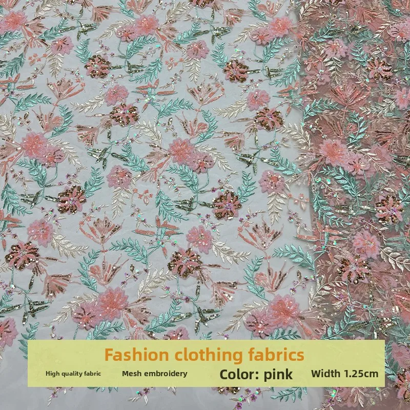 

Mesh Embroidered Sequins Fabric for Colorful Beads Flowers Leaves Dress Cheongsam Clothing Diy Cloth Per Yard Sewing Material