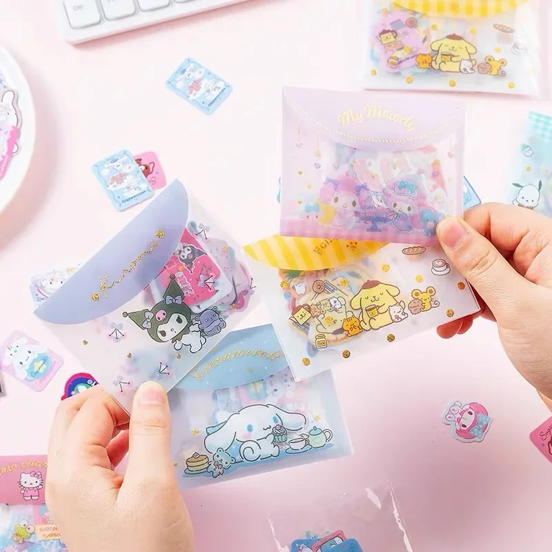 Sanrio Stickers 40PCS/pack Melody Culomi Cinnamoroll Pom Pom Cute Cartoon Paper Decoration PVC Sticker Storage Bag