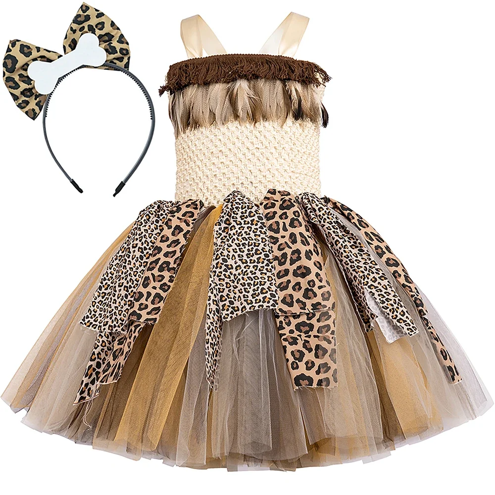 

Savage Primitive Caveman Tutu Dress for Girls Leopard Indian Indigenous Costume Kids Halloween Carnival Jungle Party Clothes